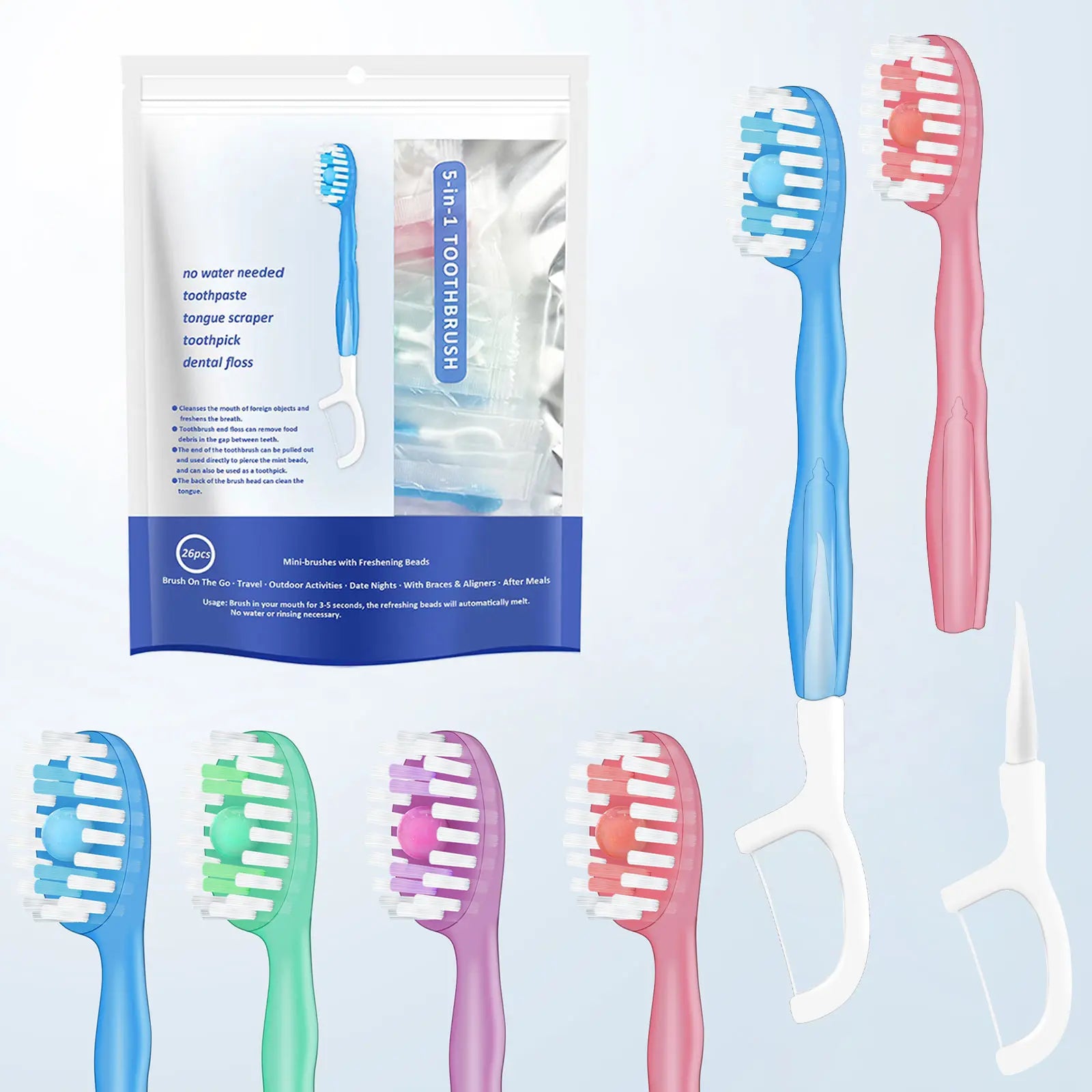 26-Pack Portable Disposable Toothbrushes with Toothpaste - Travel-Friendly, Rinse-Free, Fresh Mouth Solution