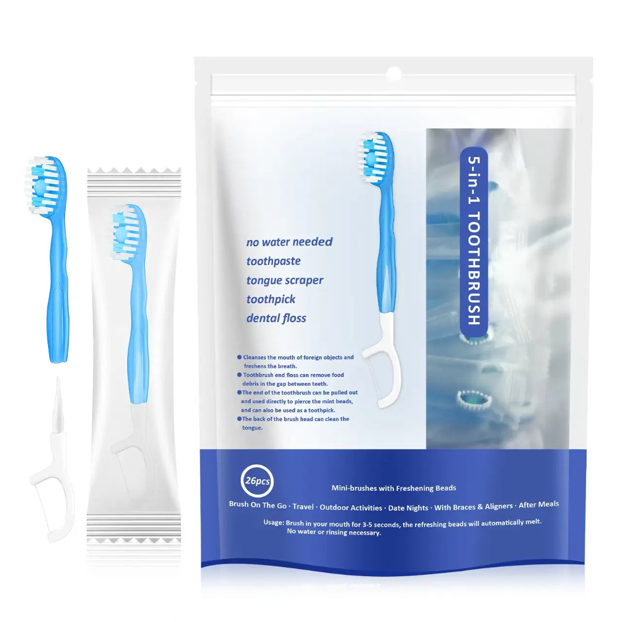 26-Pack Portable Disposable Toothbrushes with Toothpaste - Travel-Friendly, Rinse-Free, Fresh Mouth Solution