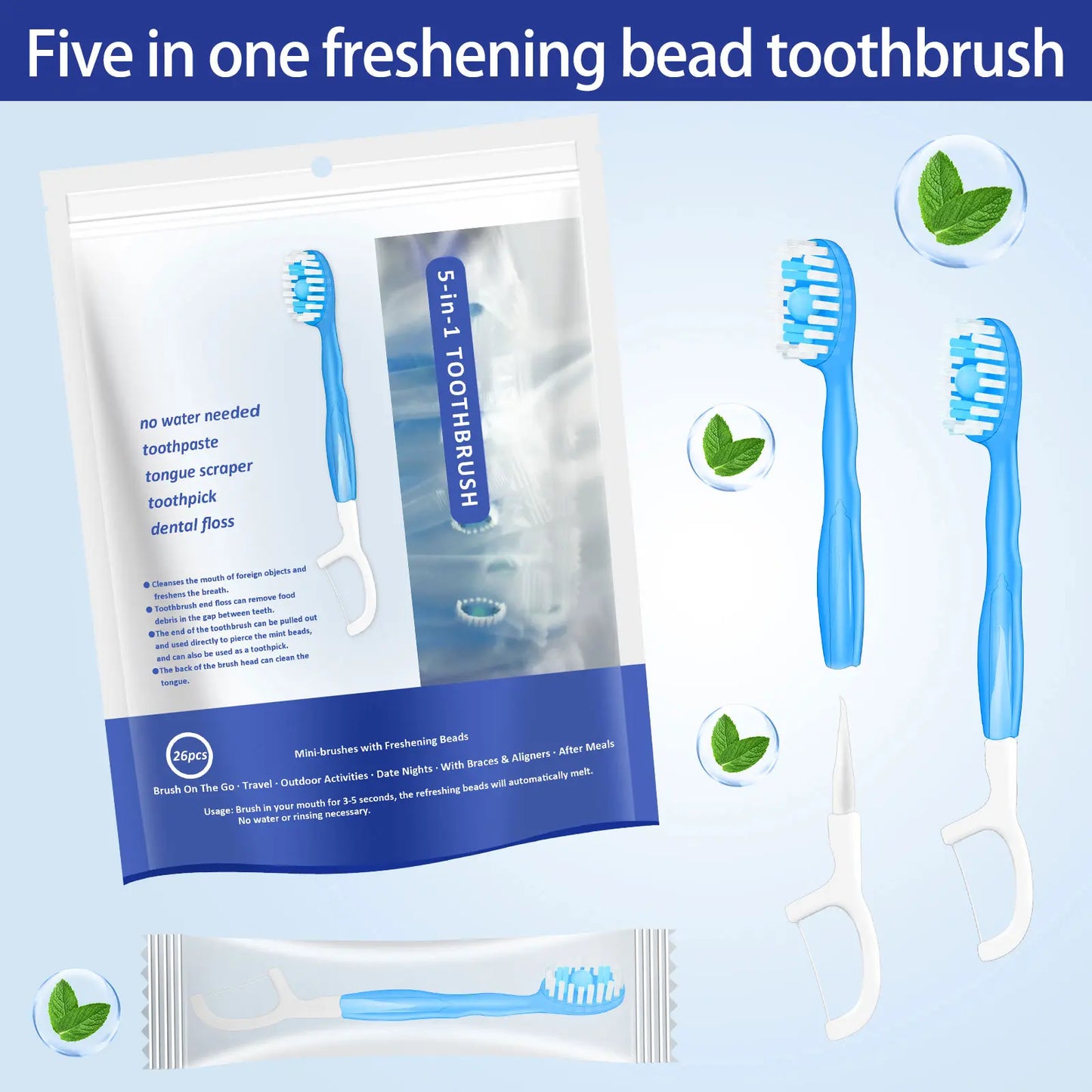 26-Pack Portable Disposable Toothbrushes with Toothpaste - Travel-Friendly, Rinse-Free, Fresh Mouth Solution