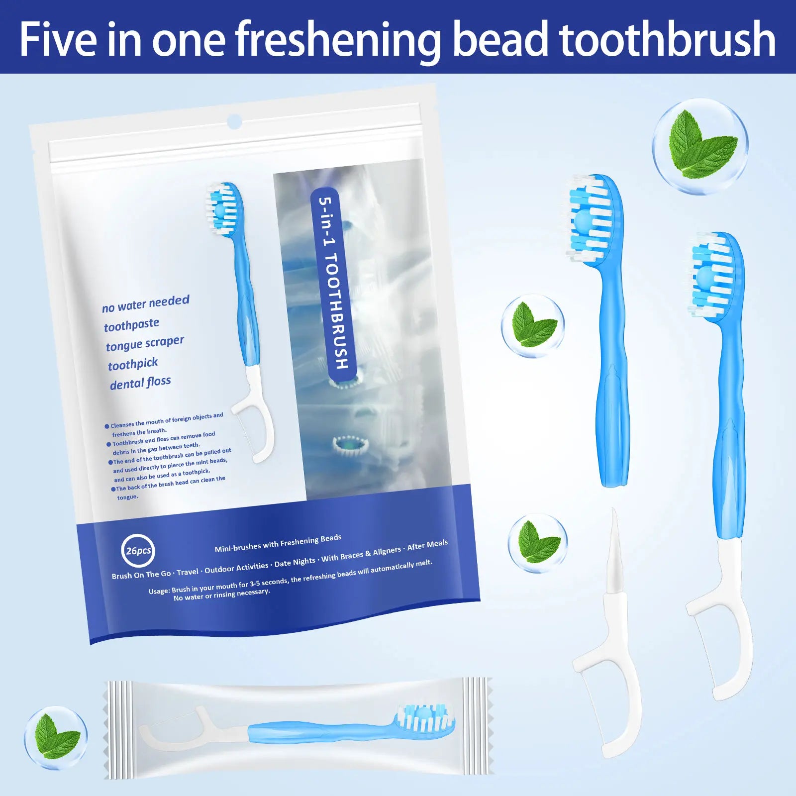 26-Pack Portable Disposable Toothbrushes with Toothpaste - Travel-Friendly, Rinse-Free, Fresh Mouth Solution